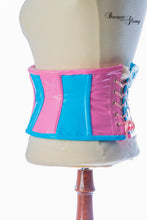 Load image into Gallery viewer, Pink and blue bubble PVC Corset on a mannequin with 'Basque and Glory' branding.
