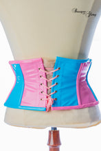 Load image into Gallery viewer, Pink and blue waist trainer on a mannequin with 'Basque Glory' branding.
